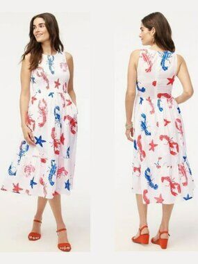 J.Crew Red White Blue Smocked Nautical Lobster Midi Dress With Pockets Sz M